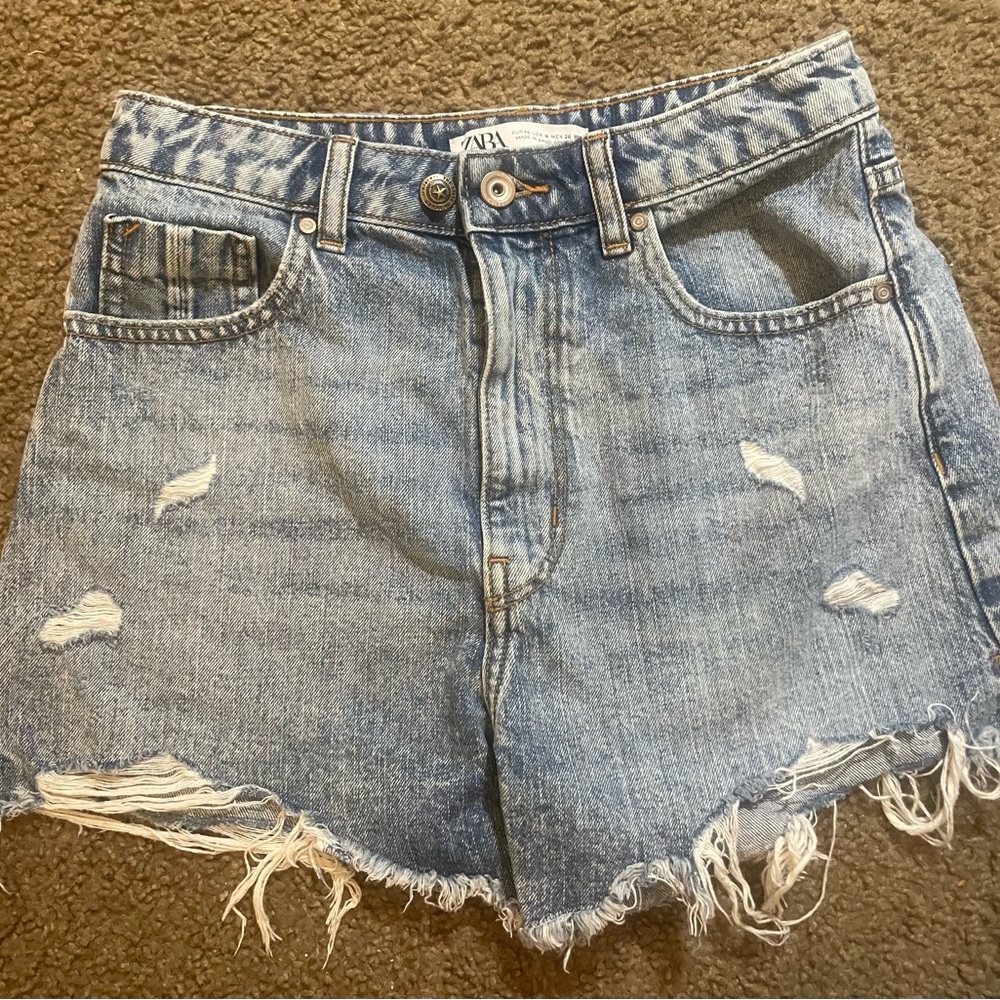 Zara Blue Distressed Jean Shorts Frayed Hem